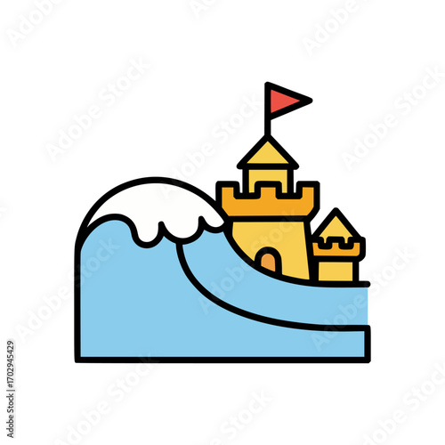 Cute vector beach design featuring ocean wave crashing near yellow sand castle with tower and flag minimal summer style