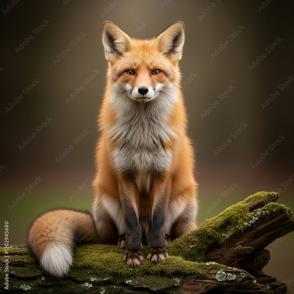 Fototapeta premium Red Fox Sitting on Mossy Log, Wildlife Photography, Nature Image