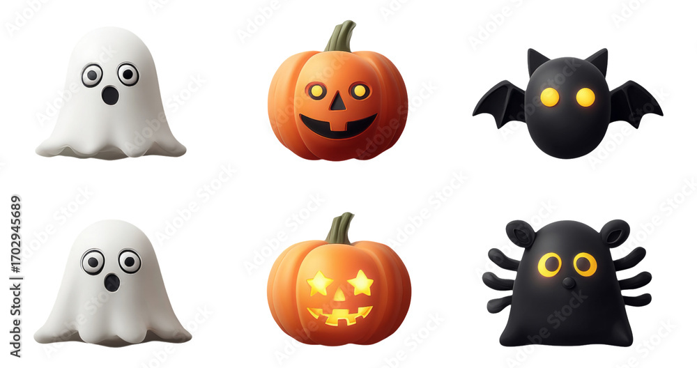 Fototapeta premium Fun Halloween Ghosts, Pumpkins, Bat, and Spider Character Illustrations