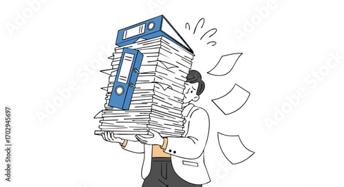 Overwhelmed businessman struggling with massive paper stack, deadlines looming