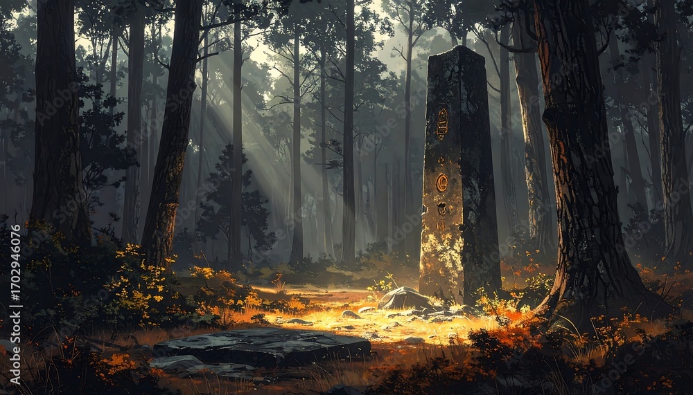 Fototapeta premium Mystical stone monument shrouded in dense forest with ethereal lighting