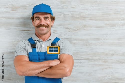 Confident male technician proudly showcasing solar panel design on uniform in a cheerful environment emphasizing sustainability and renewable energy solutions captured with clarity