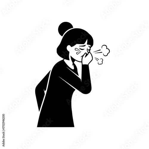 Female silhouette coughing icon representing illness, flu, cold, and respiratory health.