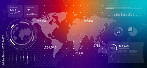 Futuristic digital dashboard displaying a world map surrounded by data analytics and infographics high-tech interface with glowing lines and numbers is perfect for representing global business