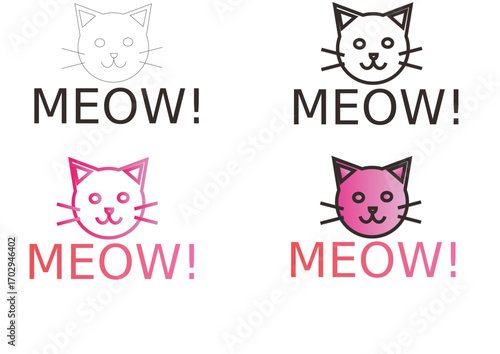 A versatile set of four cute cat head logo designs with Meow text. Simple vector illustrations in outline and pink gradient for branding