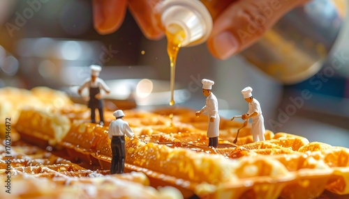 Miniature chefs decorating golden waffles with sweet syrup drizzle