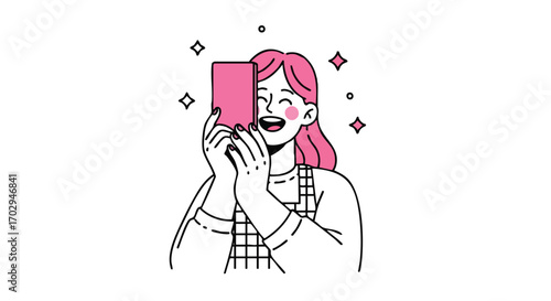 Joyful woman captures a radiant selfie with her smartphone, surrounded by sparkling stars