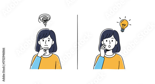 Confused woman finds solution with sudden brilliant idea, brainstorming concept visualized