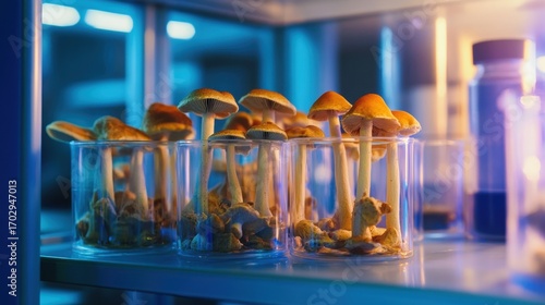 Medical mushroom samples in sterile glass petri dishes, illuminated under soft laboratory lights, modern lab background.