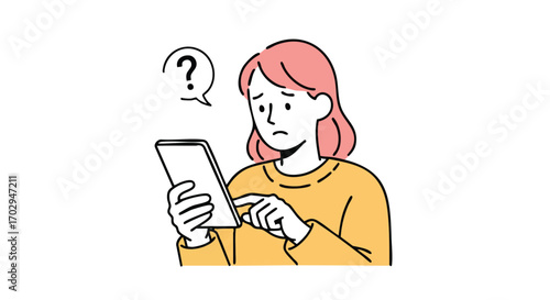 Confused woman with pink hair looking at tablet screen with question mark above, seeking answers online
