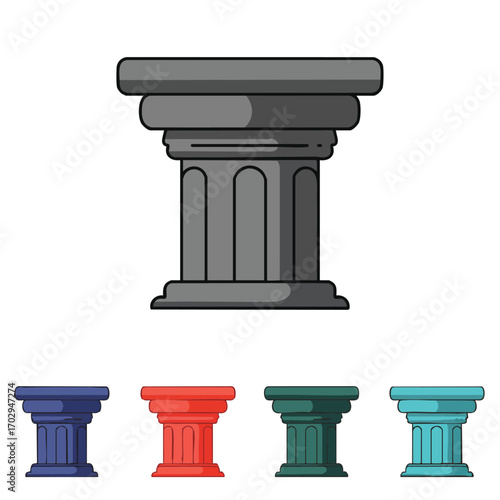 A collection of stylized architectural pedestals, featuring a prominent grey base and four vibrant colored alternatives, perfect for design and display.