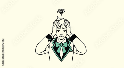 Overwhelmed student panics with hands on head amid swirling thoughts and academic pressure