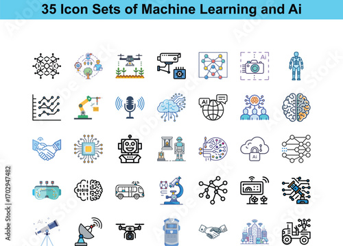 Comprehensive 35 icon set for machine learning artificial intelligence and data science applications