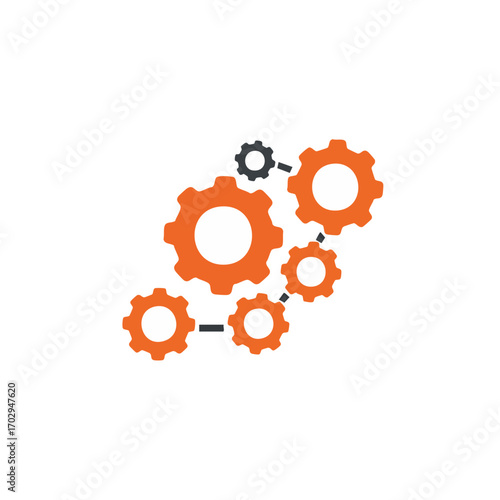 An abstract icon featuring interconnected orange and black gears, representing complex systems, collaborative teamwork, and streamlined operational processes.