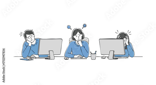 Frustrated colleagues struggling with overwhelming work tasks at their computers, feeling stressed and confused