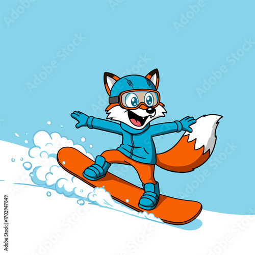 A smiling fox in full blue snowboarding gear rides an orange snowboard down a snowy slope under a clear blue sky.