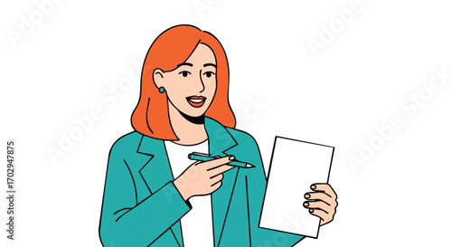 Confident professional woman in teal blazer presenting document with pen, ready for success