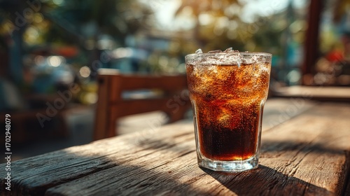 Refreshing Iced Soda on a Rustic Outdoor Table
