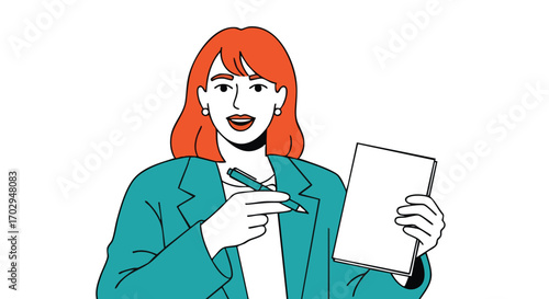 Confident businesswoman presenting document with pen, ready to explain success