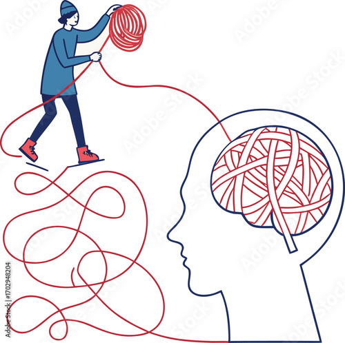 Unraveling thoughts a skater untangles a brain with a red string