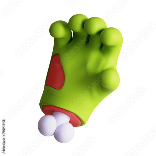 An unsettling and vividly rendered 3D graphic of a dismembered zombie limb, featuring a decayed green hand with visible bone fragments, ideal for spooky projects and Halloween-themed designs