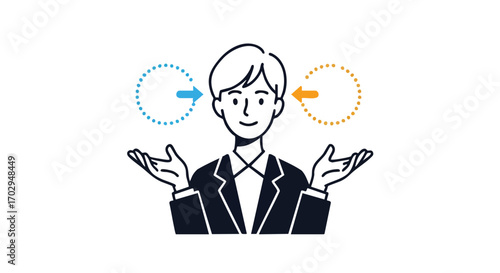 Confident business person considering ideas with incoming and outgoing arrows symbolizing communication