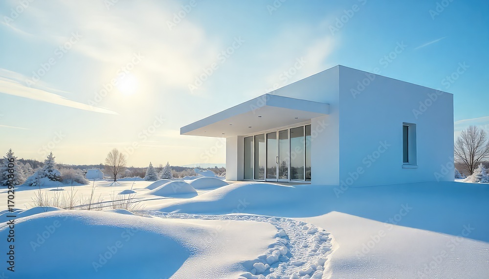 Fototapeta premium Modern white house surrounded by snow under a bright sky on a sunny winter day landscape view