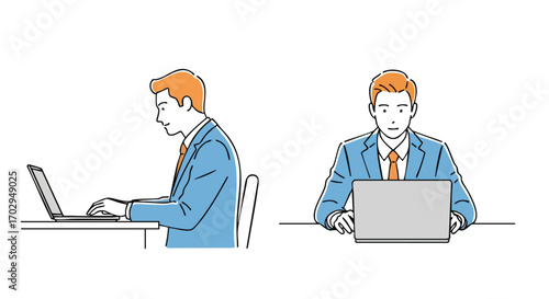 Focused businessman diligently working on laptop in modern office setting, conveying productivity