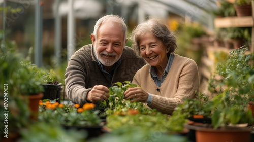 Wallpaper Mural Joyful elderly couple gardening in greenhouse, warm sunlight, positive retirement lifestyle Torontodigital.ca