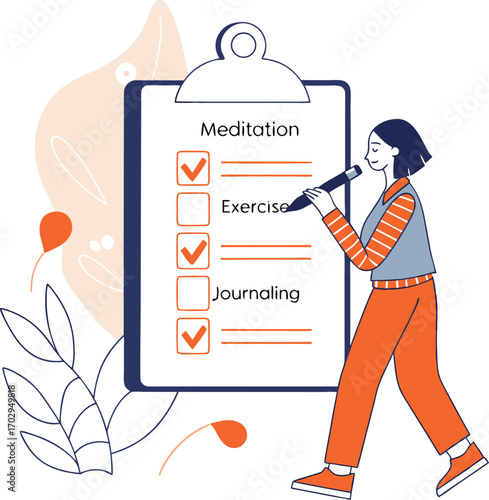 Woman with checklist for meditation, exercise, and journaling