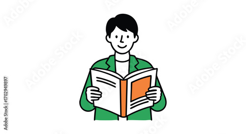 Man enjoys relaxing time reading an open book in green jacket, absorbing knowledge and expanding horizons