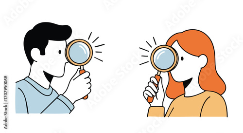 Man and woman meticulously analyzing details with magnifying glass for insights and discovery