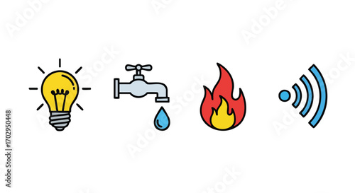Essential services icons light water fire wifi for modern living and connectivity