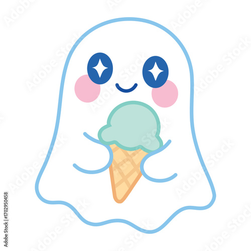 Cute Kawaii Halloween Ghost with Ice Cream Vector Illustration – Adorable Spooky Cartoon Character Design