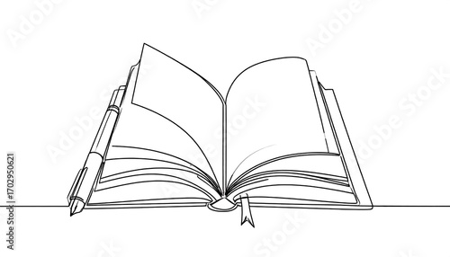 Open book with pen illustration in minimalistic one line drawing style