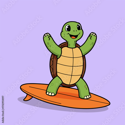 A cheerful turtle stands on an orange surfboard with arms raised, set against a light purple background.