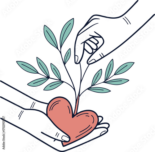 Hands nurturing a heartshaped plant, symbolizing love, growth, and care