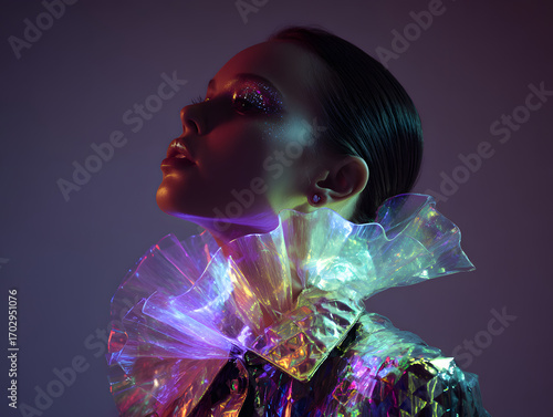 Holographic fashion portrait with iridescent fabric, dramatic lighting, futuristic style, creative makeup, and confident expression, perfect for editorial and avant garde concepts