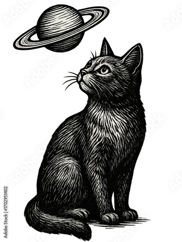 Black cat gazing up at Saturn illustration, cosmic feline exploring space and celestial wonders