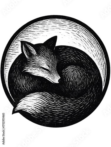 Elegant Monochrome Illustration of a Sleeping Fox in a Circular Frame