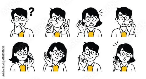 Diverse business professionals express various emotions and ideas in clear, engaging illustrations