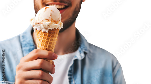 Close up of man holding ice cream cone isolated on transparent background, smiling and enjoying a sweet treat