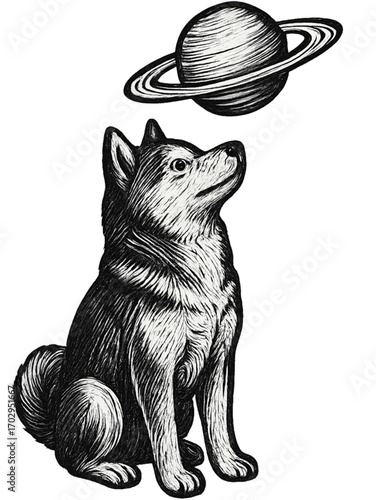 Dog Gazing at Saturn A Whimsical Illustration of Canine Curiosity and Celestial Wonders