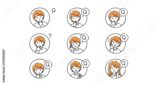 Expressive character faces showing confusion, thinking, and understanding with speech bubbles