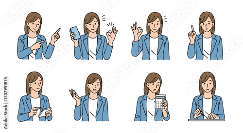 Professional woman in business attire displays various actions and emotions for presentations and marketing materials.