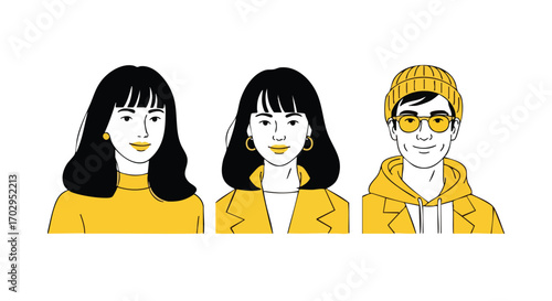 Diverse modern people portraits in minimalist yellow and black style