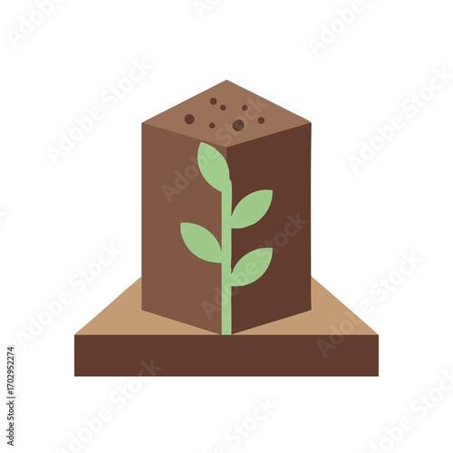 A minimalist flat design illustration depicts a vibrant green plant sprout emerging from a neatly cubed block of rich brown soil, symbolizing new beginnings and environmental care.
