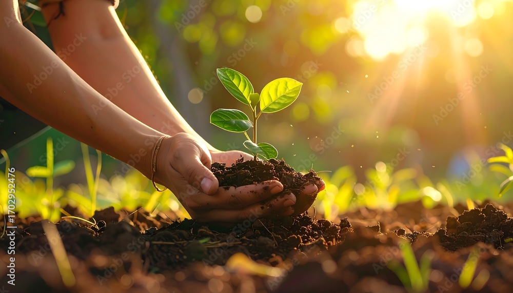 Fototapeta premium Nurturing seedling in hands symbolises environmental commitment