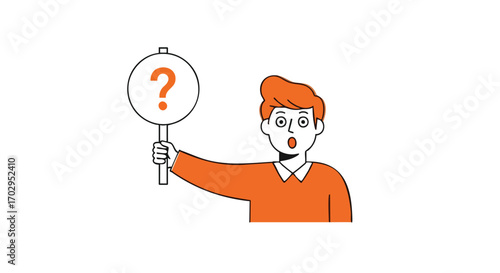 Confused man holding a question mark sign, seeking answers or solutions