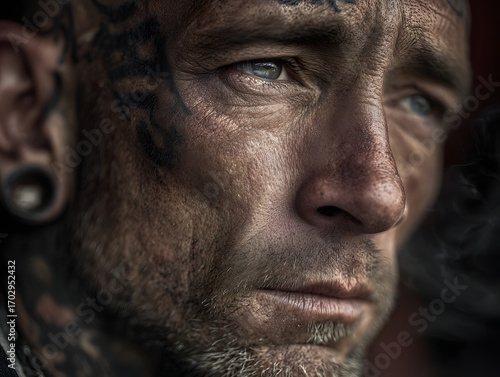 Weathered tattooed man with gritty expression, close up portrait showing detailed skin texture, piercing blue eyes, and facial tattoos, evoking raw emotion and resilience